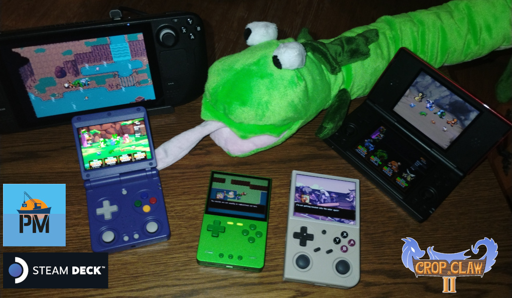 Photo of various portable and handheld consoles running Crop and Claw 2.